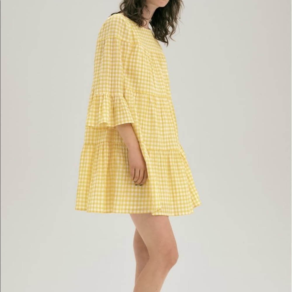 Maggy London Yellow Gingham Dress w Bell Sleeves